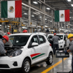 Fábrica mexicana ensamblando autos TT con trabajadores y banderas