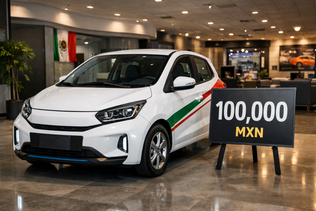 Coche electrico en un showroom con cartel de precio 100000 MXN y bandera de Mexico