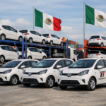 Convoy de camionetas transportando autos TT fabricados en Tlaxcala para exportación