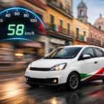 Coche eléctrico compacto circulando en una calle de una ciudad mexicana con velocímetro digital que muestra 58 km/h