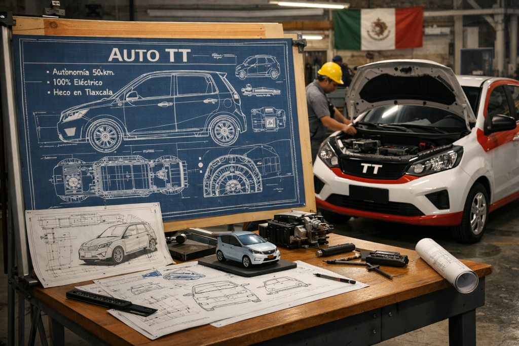 Ilustración realista del desarrollo del Auto TT con bocetos y un automóvil terminado sobre fondo mexicano