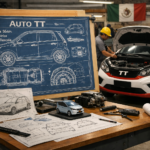 Ilustración realista del desarrollo del Auto TT con bocetos y un automóvil terminado sobre fondo mexicano
