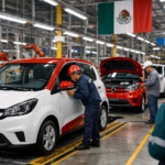 Línea de ensamblaje de autos eléctricos compactos en una fábrica mexicana con trabajadores y robots.