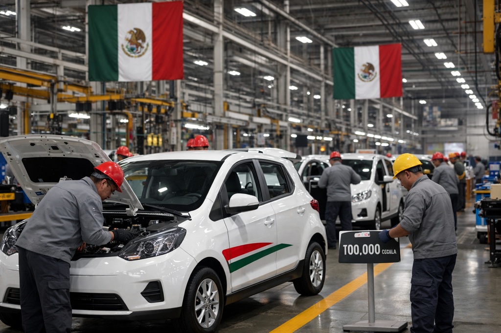 Fábrica mexicana ensamblando autos TT con trabajadores y banderas