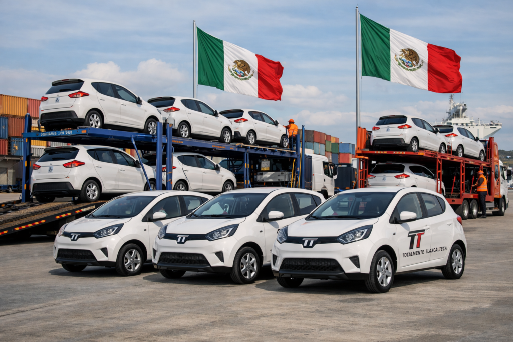 Convoy de camionetas transportando autos TT fabricados en Tlaxcala para exportación
