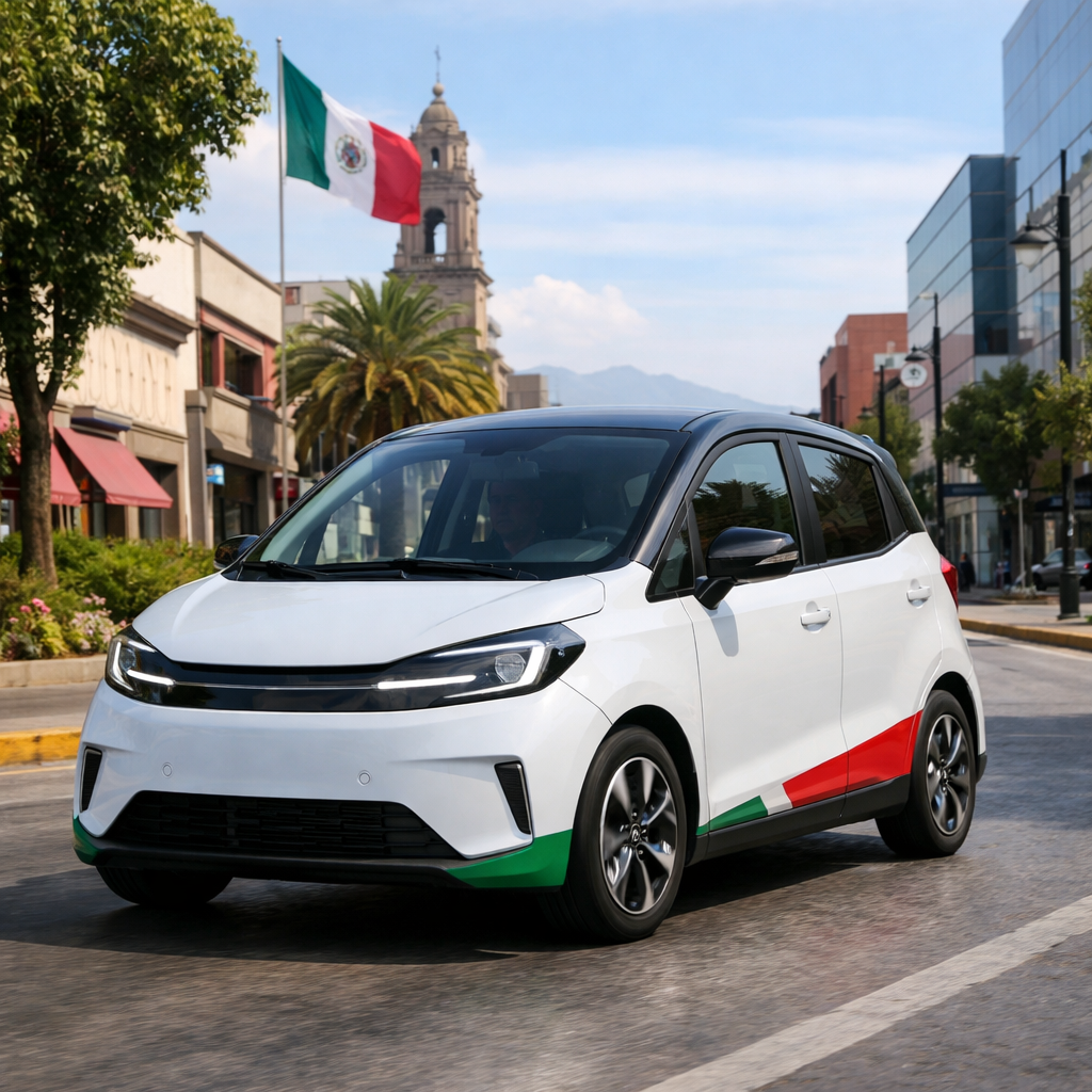 Fotografía realista de un coche eléctrico compacto con los colores de la bandera de México circulando por una ciudad mexicana