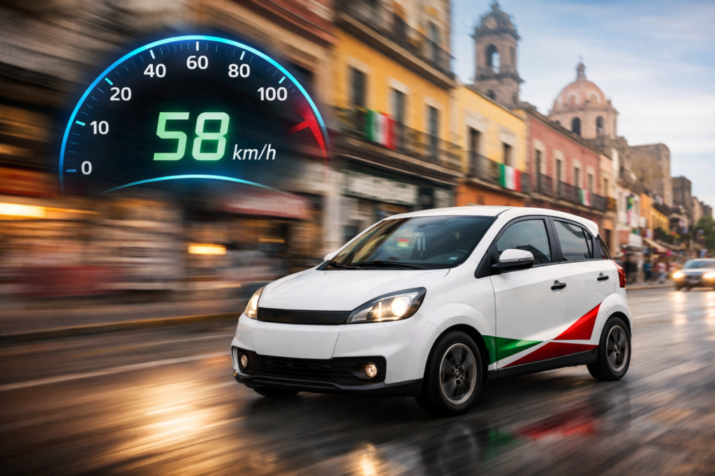Coche eléctrico compacto circulando en una calle de una ciudad mexicana con velocímetro digital que muestra 58 km/h