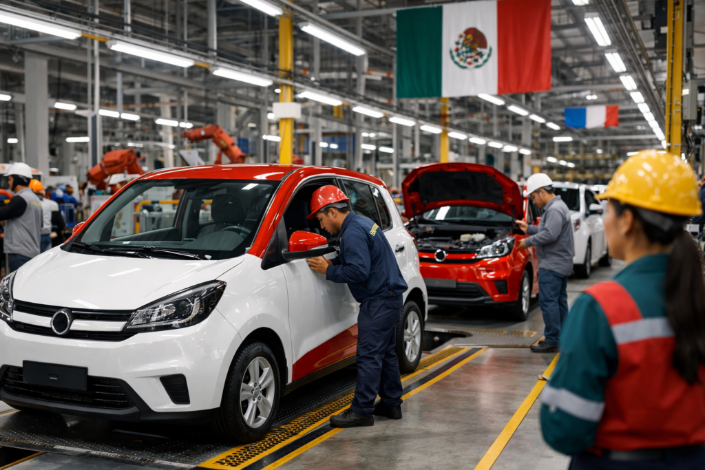 Línea de ensamblaje de autos eléctricos compactos en una fábrica mexicana con trabajadores y robots.