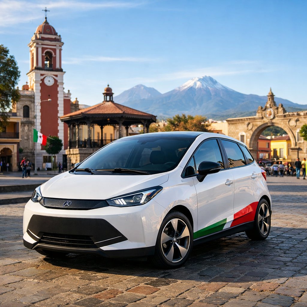 Fotografía realista de un prototipo de auto eléctrico compacto con colores de la bandera de México circulando por una plaza en Tlaxcala, con montanas al fondo