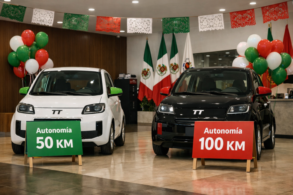 Dos coches eléctricos compactos en un showroom, uno con rótulo 50 km y otro 100 km, con colores de México