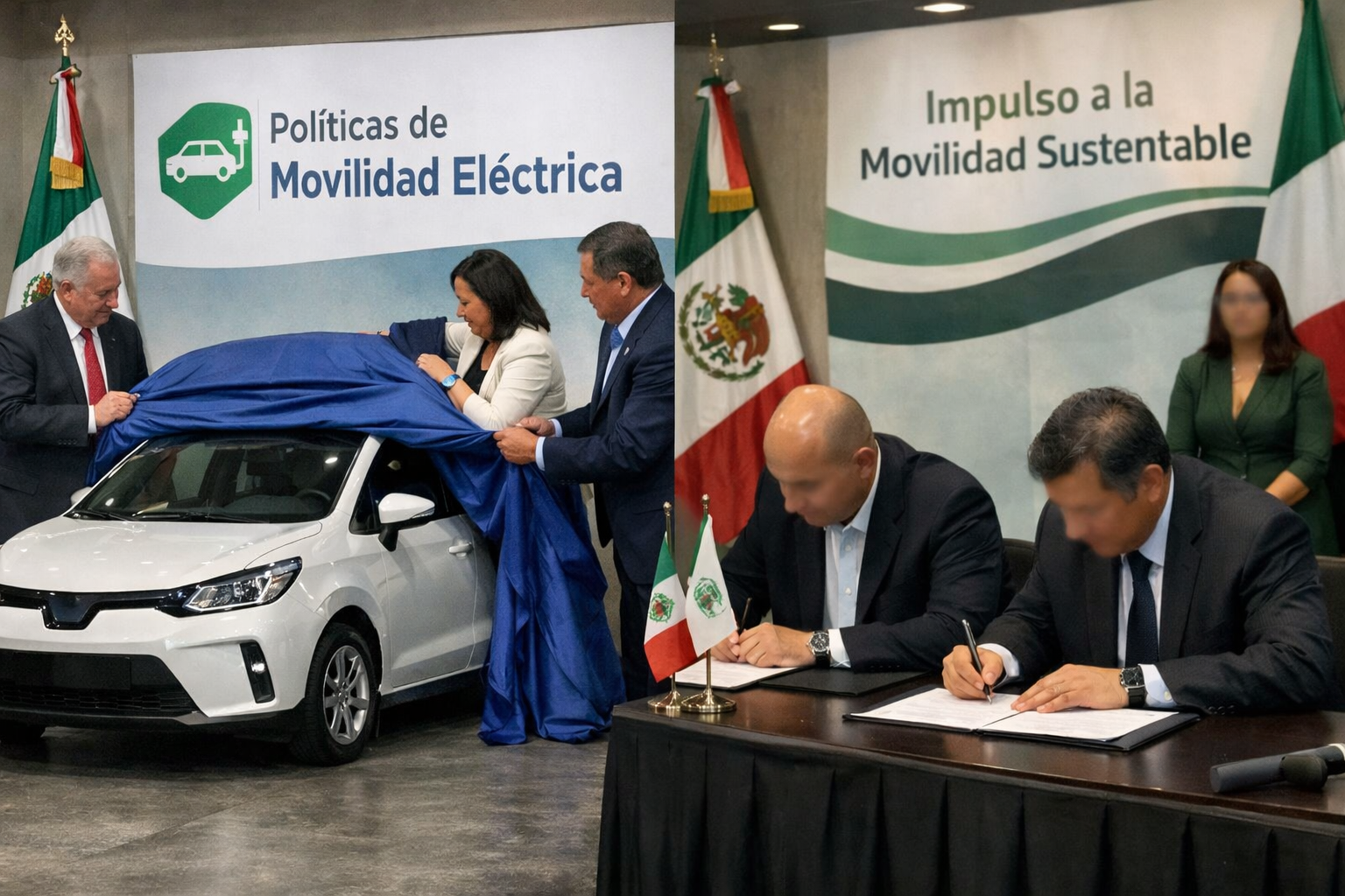 Autoridades de movilidad electrica firman un convenio en un evento oficial con un automovil electrico blanco y banderas mexicanas