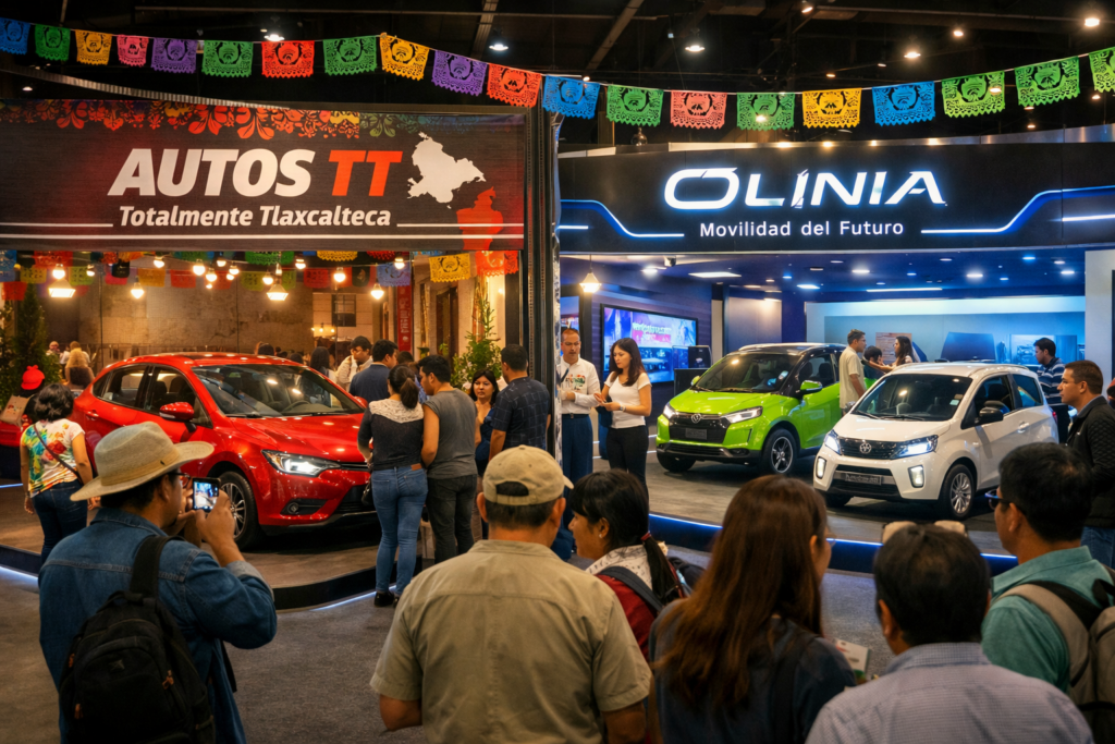 Feria automotriz con stands de Autos TT y Olinia, con visitantes observando vehículos eléctricos