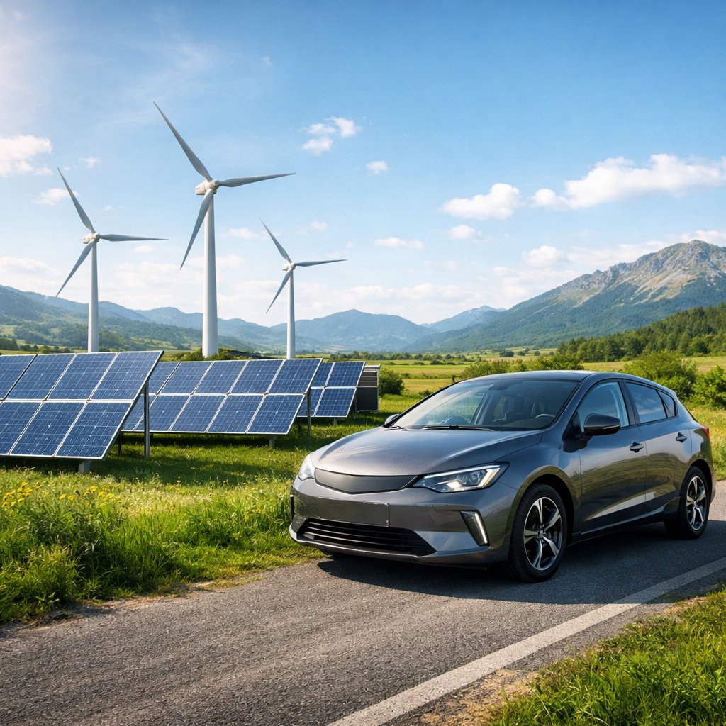 Vehículo eléctrico con paneles solares y turbinas eólicas que simbolizan la sostenibilidad en México